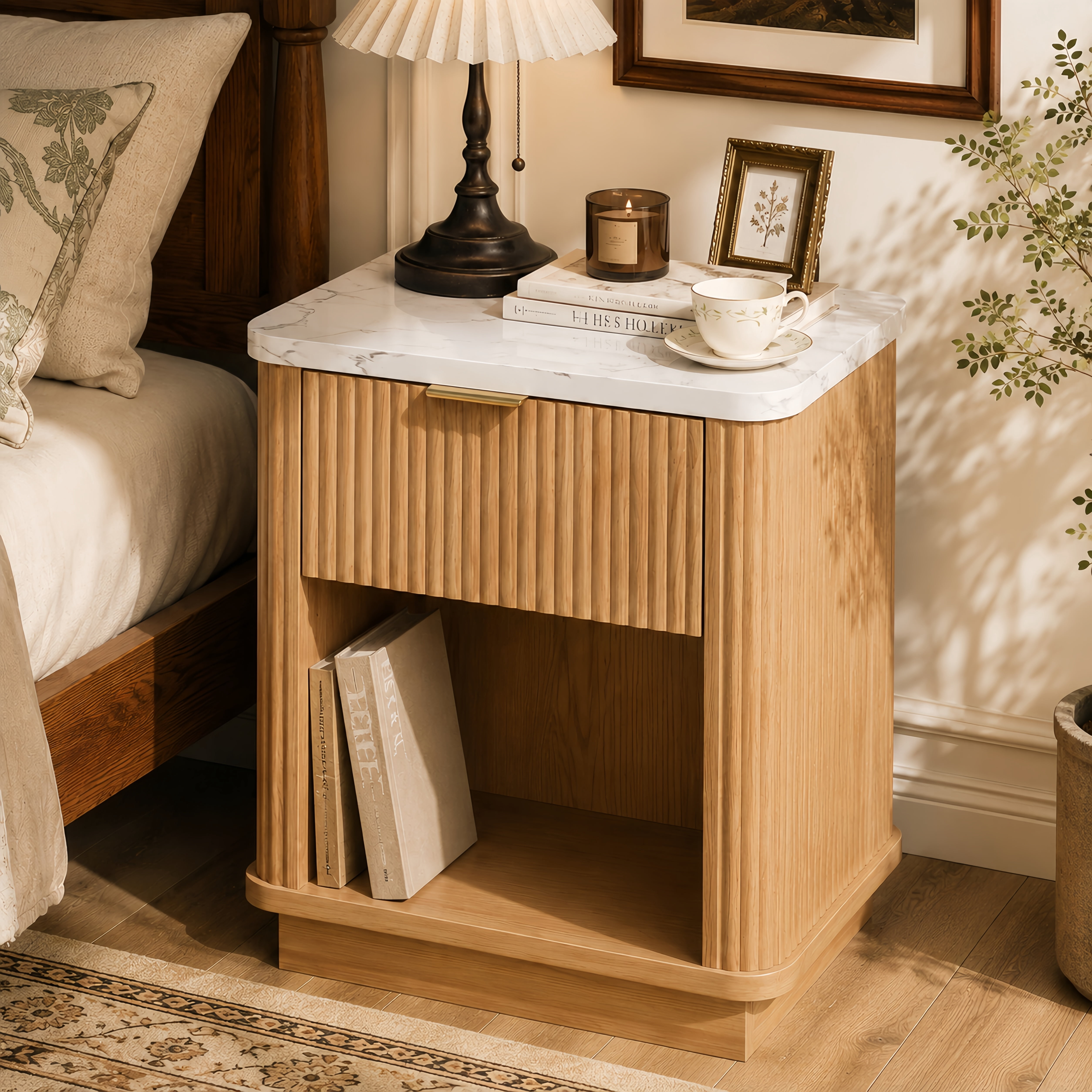 Fluted Nightstand with Storage Drawer and Open Shelf, Faux Marble-Look Top, Gold-Tone Handle, Modern Bedside Table and End Table for Bedroom, Guest Room, Dorm and Living Room