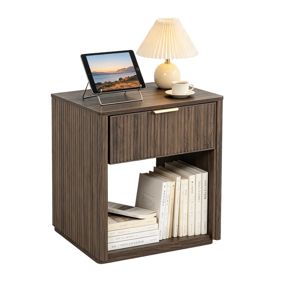 Fluted Nightstand, Walnut Night Stand, Wooden End Table with Drawer and Open Shelf, Modern Bedside Table for Bedroom Sofa Home Office,Curved Corners Design