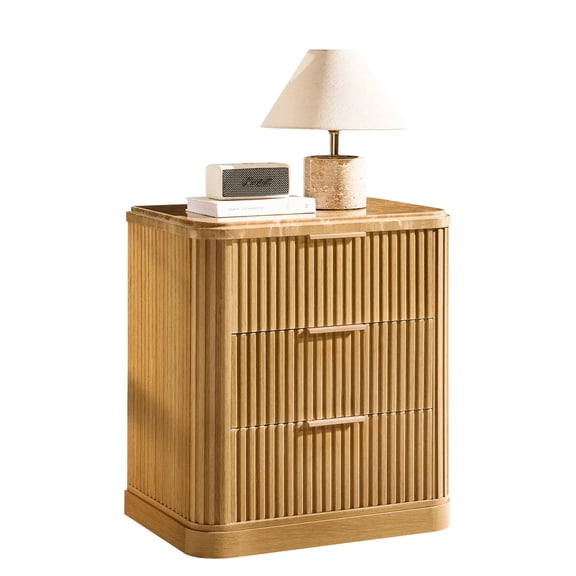 Fluted Nightstand, Wood Night Stand with 3 Storage Drawers, 22.8" Wide Faux Marble Top Bedside Table for Bedroom, Living Room, Natural Oak