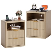 Fluted Nightstand w/ Charging Station, Mid Century Modern Bedside Table with Drawers & Open Shelf