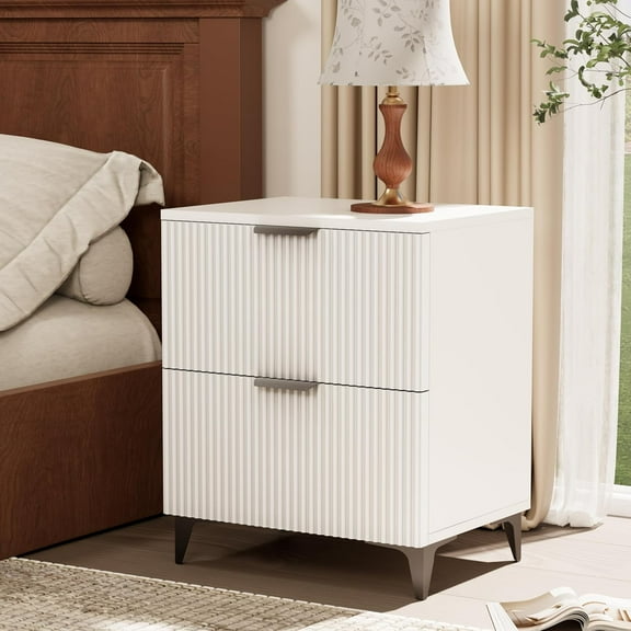 Fluted Nightstand with 2 Drawers, Side End Table, Small Accent Storage Cabinet,Modern Night Stand Bedside Table for Bedroom, White