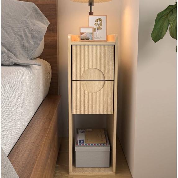 Fluted Nightstand with 2 Drawers, Slim Wooden Bedside Table, Mid Century Modern End Table for Bedroom, Wood