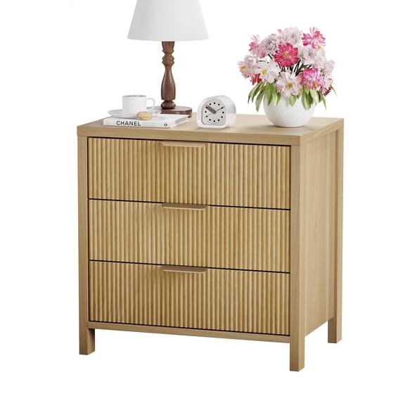 Fluted Nightstand with 3 Drawers, Mid-Century Modern Bedside Table, 23.7'' Wide Wood End Table for Bedroom, Oak Finish