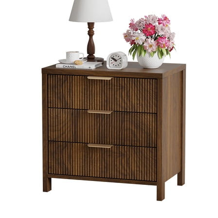 Fluted Nightstand with 3 Drawers, Mid-Century Modern Bedside Table, 23.7'' Wide Wood End Table for Bedroom, Walnut Finish