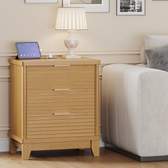 Fluted Nightstand with 3 Drawers, Wood Bedside Table with Slanted Louvered Design, Retro End Side Table for Bedroom
