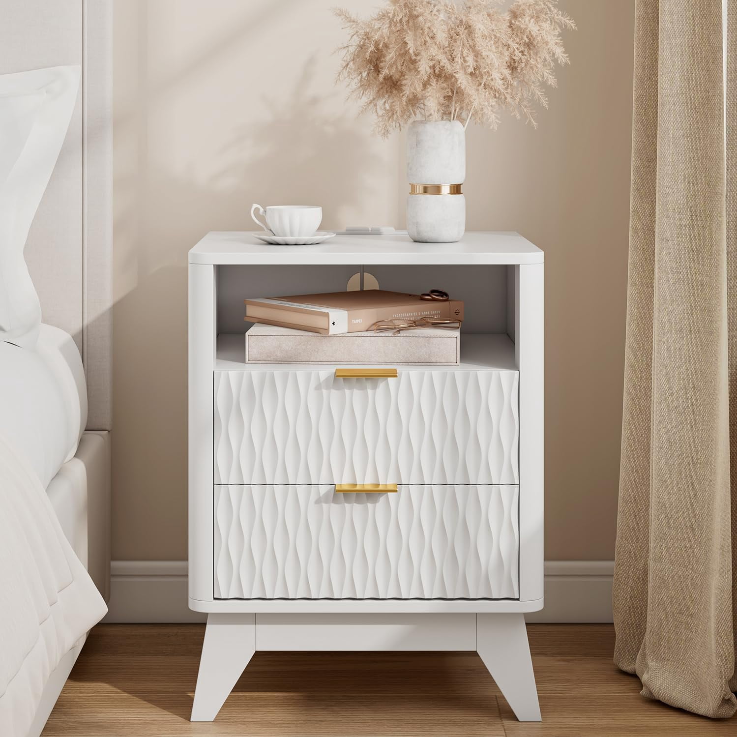 Fluted Nightstand with Charging Station, 18" Modern End Table with ...