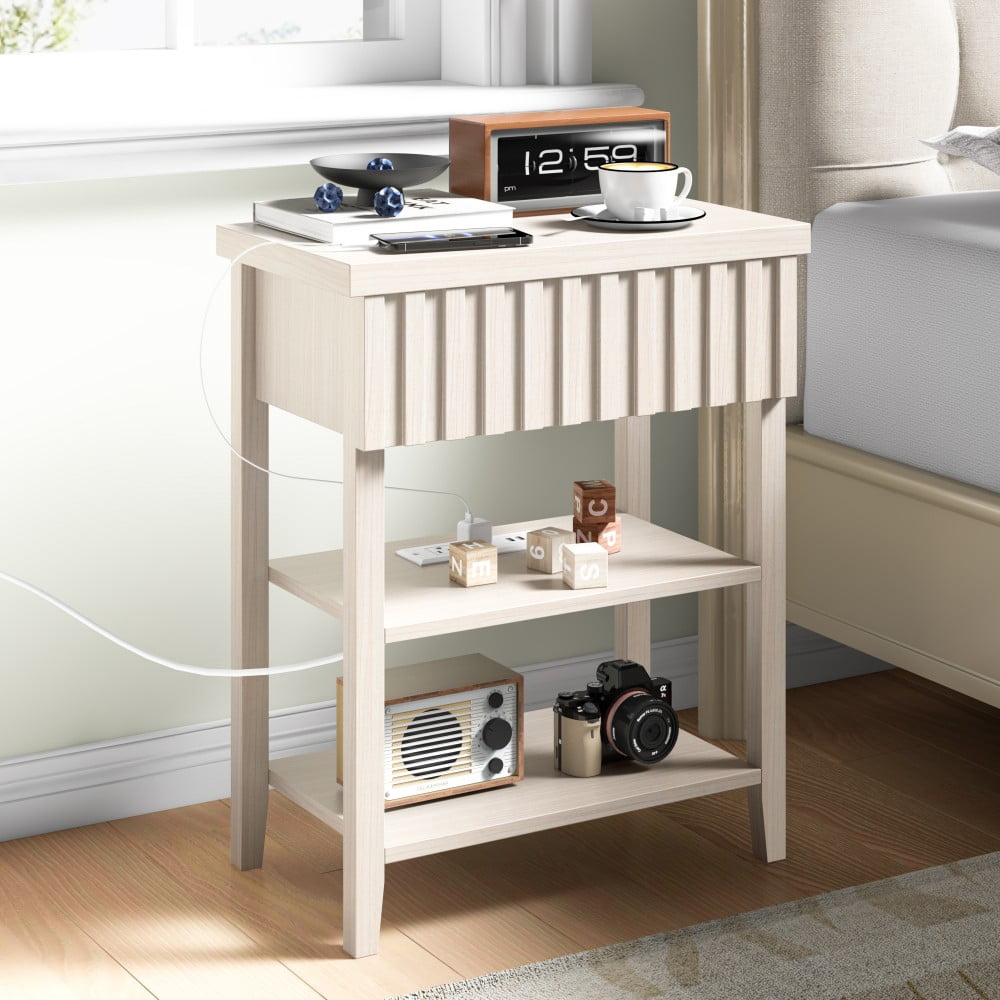 Fluted Nightstand with Charging Station, 2 USB Ports & 2 AC Outlets, Farmhouse Bedside Table with Drawer & 2 Open Shelves, Beige