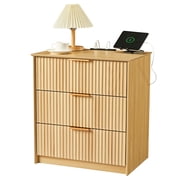 Fluted Nightstand with Charging Station, 3 Drawers, Natural Wood Bedside Table, Light Oak, 23.6 x 15.8 x 25.6 in