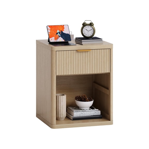Fluted Nightstand with Charging Station, 3-in-1 Bedside Table with Drawer & Open Shelf, Mid-Century Modern End Table for Bedroom, Living Room
