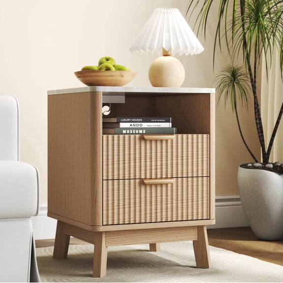 ARTCISE Fluted Nightstand with Charging Station, Light Oak Faux Marble Top 2 Drawer Bedside Table, Mid Century Modern Side Table for All Ages