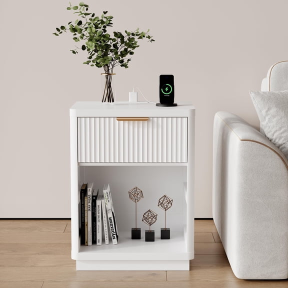 Fluted Nightstand with Charging Station, Mid-Century Modern Wooden Night Stand with Curved Corners and Wave-Patterned Drawer