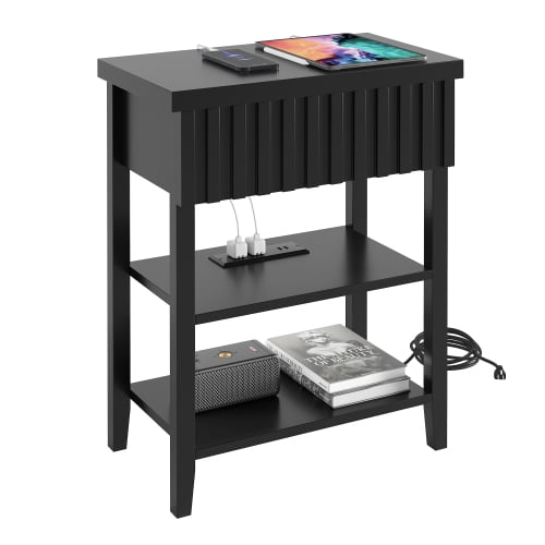Fluted Nightstand with Charging Station,Night Stand with Drawer & 2 Open Storage Shelves, Side Table for Bedroom Small Space Living Room Entryway