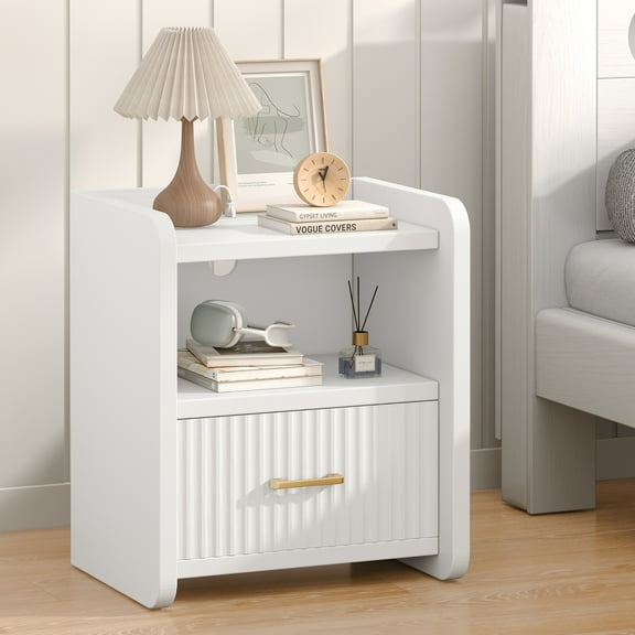 Fluted Nightstand with Charging Station,Wood Bedside Table Night Stand with Drawer and Open Shelf,Modern End Side Table for Bedroom Living Room,White