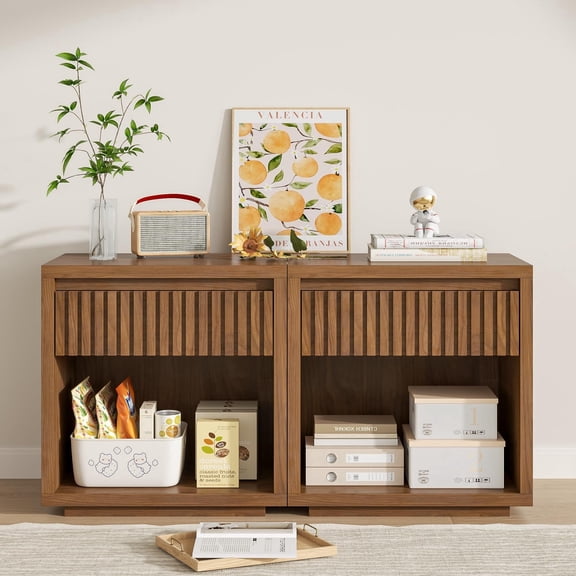 Fluted Nightstand with Drawer Storage, Mid Century Bedside End Table for Bedroom, Walnut, 2 pcs