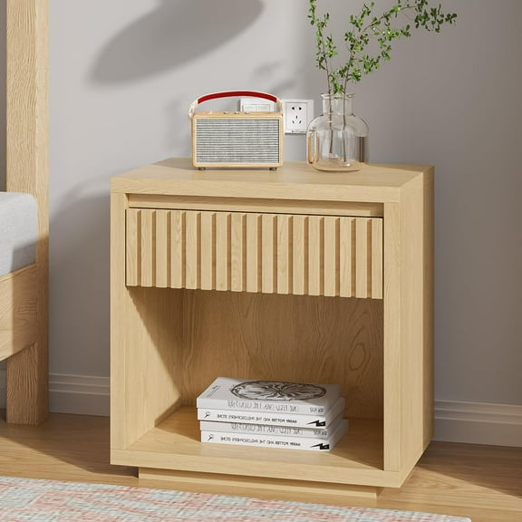 Fluted Nightstand with Drawer Storage, Mid Century Bedside End Table for Bedroom, Wood, 1 pcs