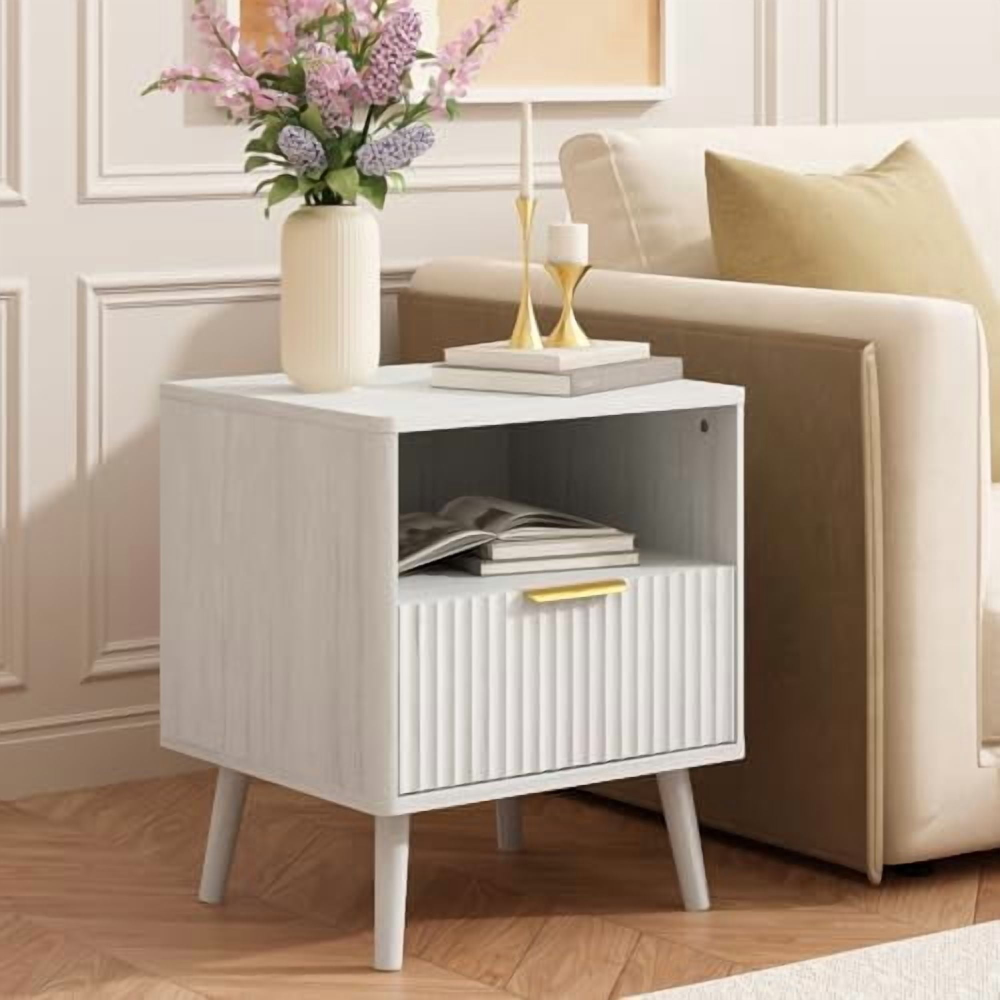 Fluted Nightstand with Drawers, 16'' Wide Wood End Table for Bedroom ...