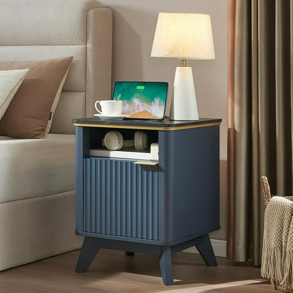 Fluted Nightstands with Charging Station, 18" Modern Side Table, Wooden Bedside Table with Faux Marble Top, Open Storage, Cabinet, End Table for Bedroom, Living Room, Navy Blue