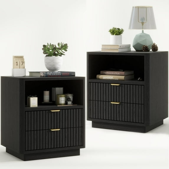 Fluted Nightstands Set of 2, Black Night Stands with 2 Drawers and Open Shelves, Wooden Bedside Table Modern Design End Table for Bedroom Sofa Office (2, Black)