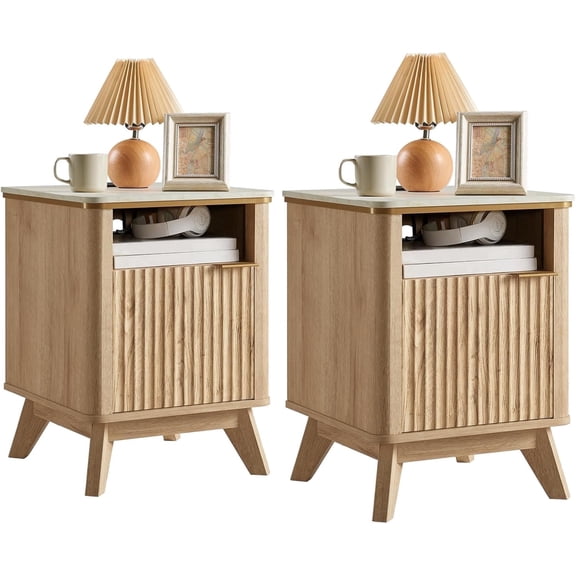 Vecenuy 2PCS Fluted Nightstands w/ Charging Station, 18" Modern Side Table, Wooden Bedside Table w/ Faux Marble Top, Storage Cabinet, End Table for Bedroom Living Room Natural Oak