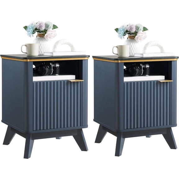 Vecenuy Fluted Nightstands Set of 2 with Charging Station, 18" Modern Side Table, Wooden Bedside with Faux Marble Top, Storage & Cabinet, End Table for Bedroom Living Room Navy Blue