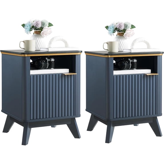 Vecenuy Fluted Nightstands Set of 2 with Charging Station, 18" Modern Side Table, Wooden Bedside with Faux Marble Top, Storage & Cabinet, End Table for Bedroom Living Room Navy Blue