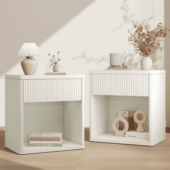 Fluted Nightstands Set of 2 with Drawer, Modern Night Stand, Bed Side Table with Storage End Table, Large Wide Bedside Stand, Mid Century Night Stands for Bedroom Living Room, White Oak
