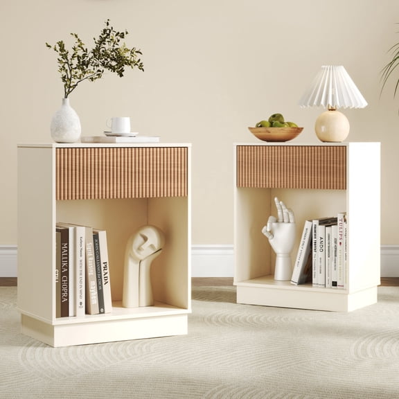 ARTCISE Fluted Nightstands Set of 2, Mid Century Bedside Table with Drawer, Modern Wood End Side Table for Bedroom Living Room, White Oak, Adults