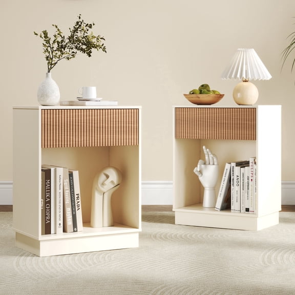 ARTCISE Fluted Nightstands Set of 2, Mid Century Bedside Table with Drawer, Modern Wood End Side Table for Bedroom Living Room Office, White Oak, All Ages