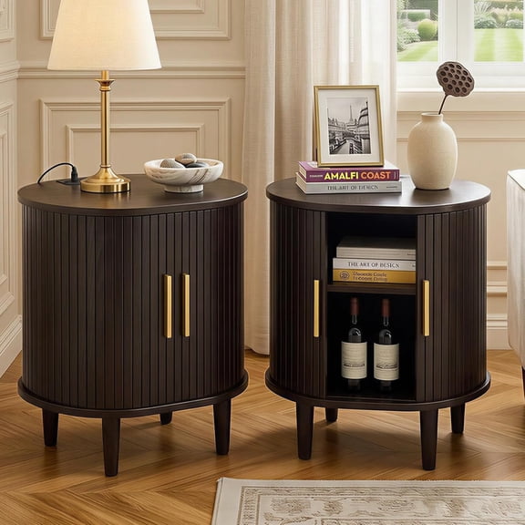 Fluted Nightstands Set of 2: Mid Century Modern Side Table with Charging Station, Sliding Door & Adjustable Shelf, Round Wood End Table with Drawer for Small Space, Living Room, Bedroom