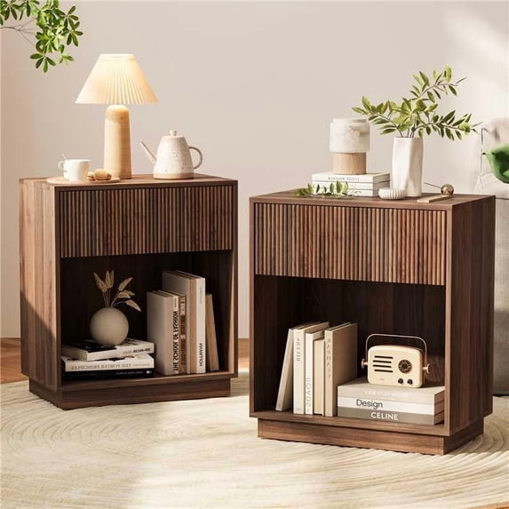 Fluted Nightstands Set of 2, Modern Bedside Table with Drawer and Storage Shelf, Wood End Table Mid Century Night Stands for Bedroom Living Room Sofa Couch Office (White+Oak)