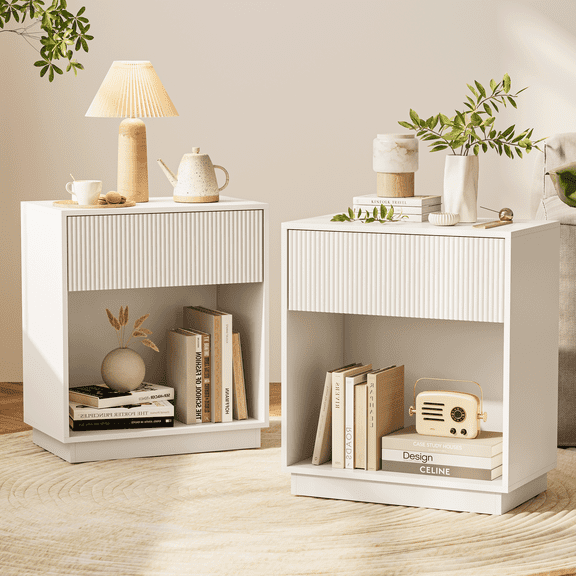 Fluted Nightstands Set Of 2, Modern Mid - Century Wood Bedside Table With Drawer & Open Storage Shelf, End Table For Bedroom, Living Room, Office, Sofa Side Couch White
