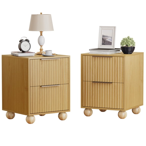 Fluted Nightstands Set of 2, Natural Oak Finish Bedside Table with Spacious Storage Drawers, Night Stand with Solid Wood Round Legs, End Table, Side Table for Bedroom