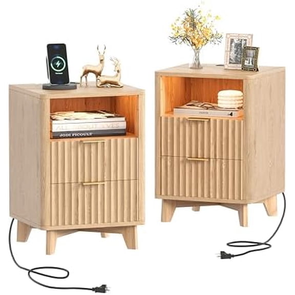 Fluted Nightstands Set of 2, Night Stand with Charging Station and LED Light, 2 Storage Drawers and Open Shelf, Modern Bedside Table for Small Space, for Bedroom, Natural Oak