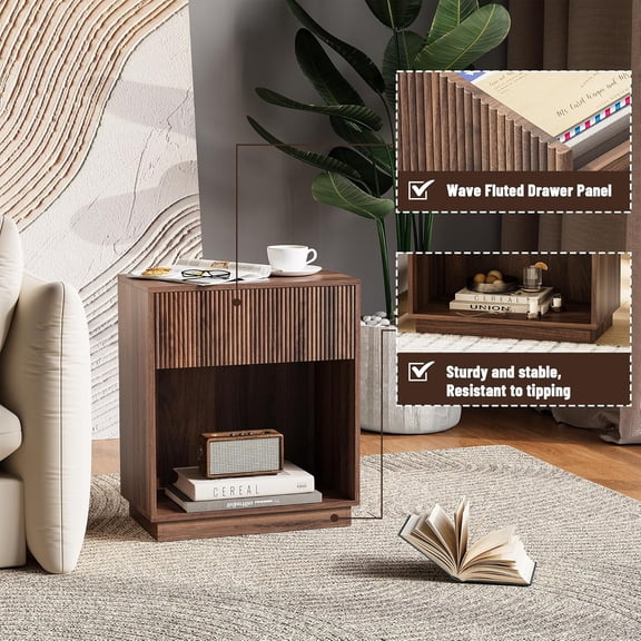 Fluted Nightstands Set of 2, Modern Bedside Table with Drawer and Storage Shelf (Walnut)