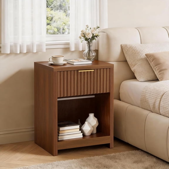 Fluted Nightstands,Wooden Night Stand with Drawer Storage, Modern Mid Century End Table,for Bedroom Living Room Sofa Couch Home Office,Walnut