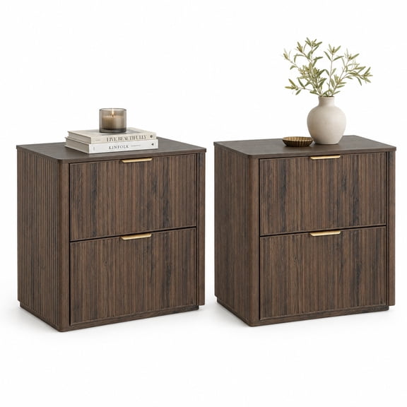 Fluted Nightstands set of 2, 2 Drawer Large Nightstand. Modern End Table w/Storage, Bedside Table for Bedroom, Curved Corners, Walnut