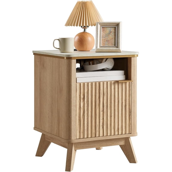 Fluted Nightstandswith Charging Station18" Modern Side Table, Wooden Bedside Table with Faux Marble Top, Open Storage, Cabinet, End Table for Bedroom,Small Bedside Table,Natural Oak
