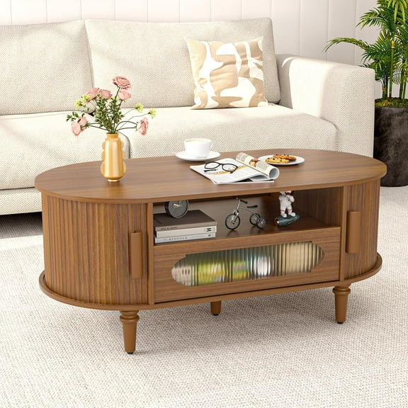 Fluted Oval Coffee Table for Living Room, Wood Round Coffee Table with Storage, Low Small Center Tables with Drawer, Sliding Door, Mid Century Modern, Boho, Rustic, Walnut