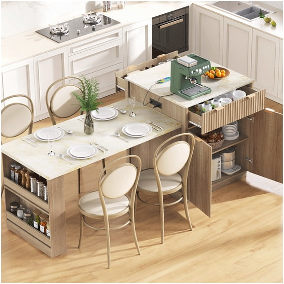 Fluted Panel Kitchen Island with Pull-Out Table, Marble-Look Top, Charging Ports, Drawers and Open Shelves, Natural Oak Color, Space Saving Cart