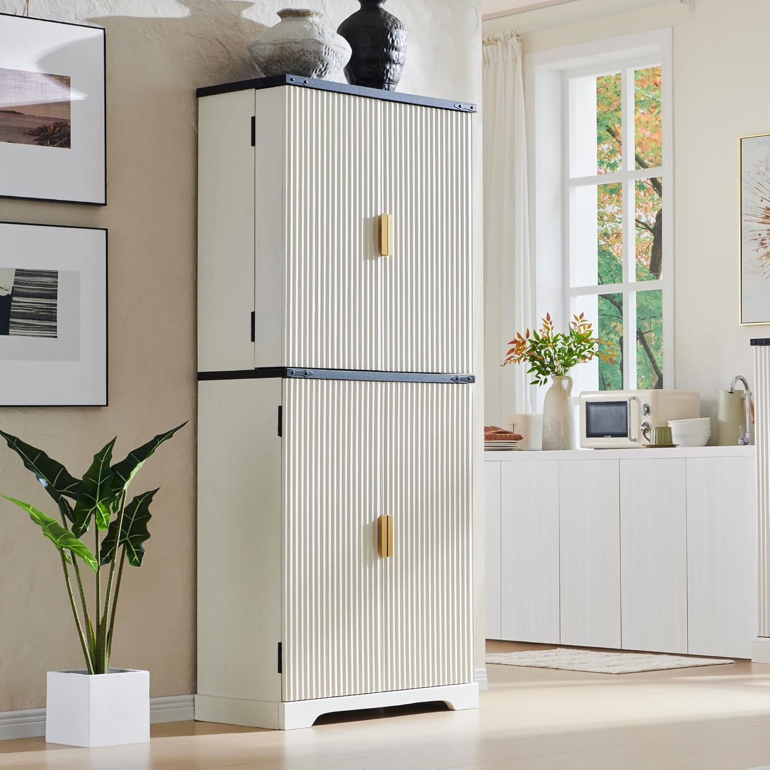 Fluted Pantry 72" Tall Modern Storage with 4 Doors