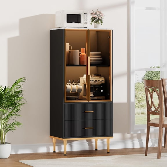 Fluted Pantry Cabinet with Glass Door and 2 Drawers, Kitchen Pantry Storage Cabinet with Adjustable Shelves, Modern Display Sideboard for Kitchen, Dining Room, Living Room, Black