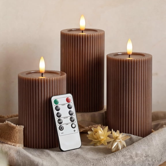 Fluted Ribbed LED Pillar Candles, Brown, with Realistic Reflective Melted-Wax Effect Flickering Flame, Remote, Dimmable, Flameless, Battery Operated, Home & Wedding Decor (Set of 3)