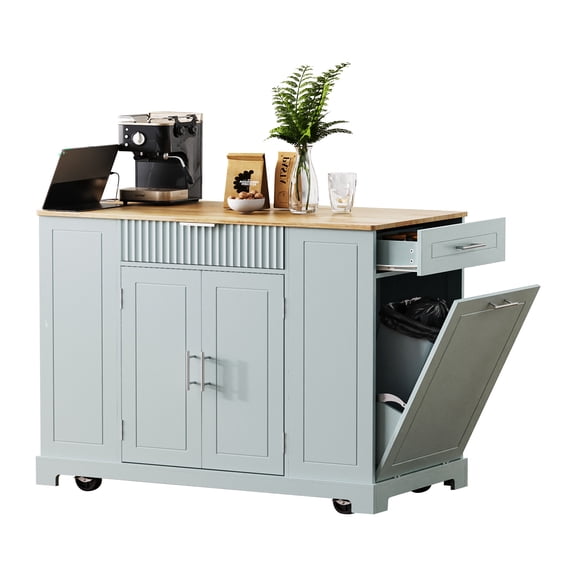 Fluted Rolling Kitchen Island Cart with Trash Can Storage Cabinet, Power Outlet, Rubber Wood Tabletop, 3 Drawers & Open Side Racks, Mobile Kitchen Island on Lockable Wheels for Kitchen Storage, Grey
