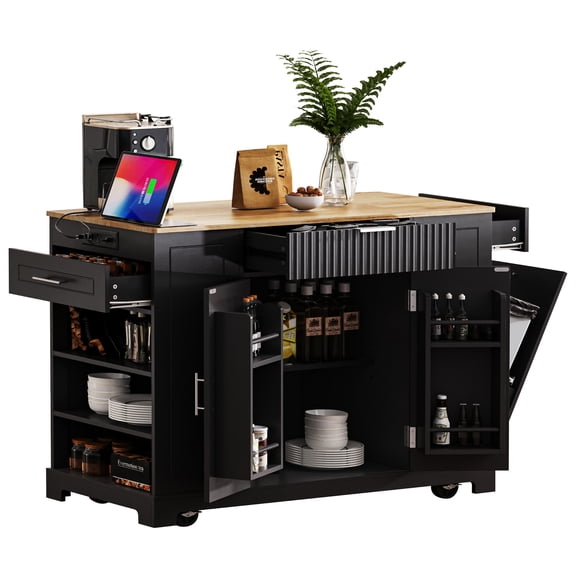Fluted Rolling Kitchen Island Cart with Trash Can Storage Cabinet, Power Outlet, Rubber Wood Tabletop, 3 Drawers & Open Side Racks, Mobile Kitchen Island on Lockable Wheels for Kitchen Storage, Black
