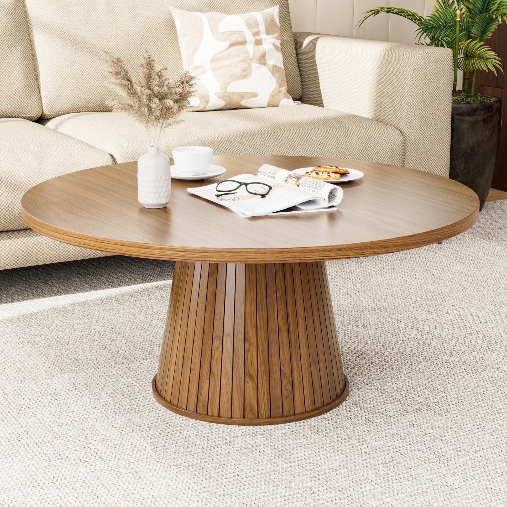 Fsbecl Mid Century Modern Coffee Table, Round Brown Wood Coffee Table ...