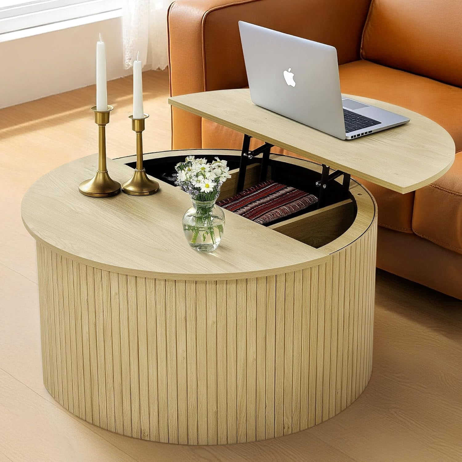 Fluted Round Coffee Table with Lifting Top, 31.5" Natural Small Circle ...