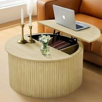 Fluted Round Coffee Table with Lifting Top, 31.5" Natural Small Circle Coffee Table with Storage for Living Room