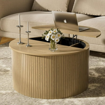 Fluted Round Coffee Table with Lifting Top, 31.5" Oak Small Circle Coffee Table with Storage for Living Room