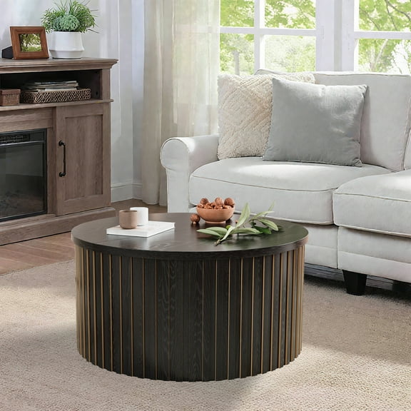 Fluted Round Coffee Table with Storage, 31.5'' Lift Top Coffee Table for Living Room, Black