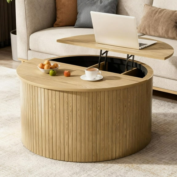 Putuo Decor Fluted Round Coffee Table with lifting Top, 31.5" Small Circle Coffee Table with Storage